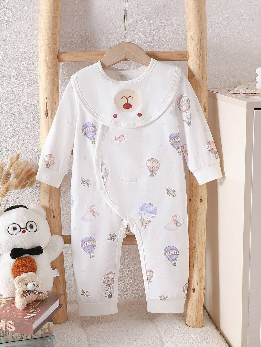 SHEIN Bộ đồ liền thân dài tay 2 món cho bé trai, thường ngày, phù hợp với mọi phong cách, họa tiết động vật và khinh khí cầu dễ thương, có kèm yếm gấu đáng yêu, thu/đông - trắng - Xem 1