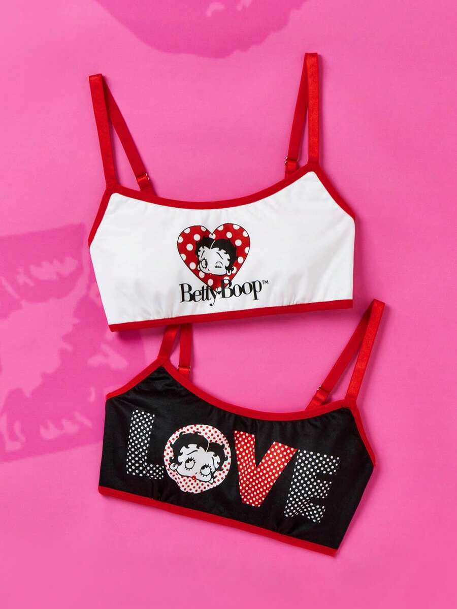 Betty Boop x SHEIN 少女 2 件套 可爱卡通印花内衣吊带背心 - 黑與白 - 查看 1