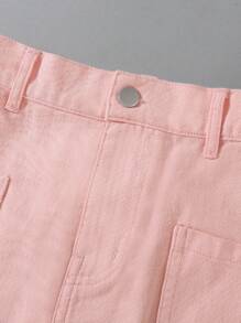 2pcs Pink Loose Long Sleeve Blouse + Loose Simple Pink Denim Skirt Set, For Teenage Girls, Spring/Autumn - Pink - View 5