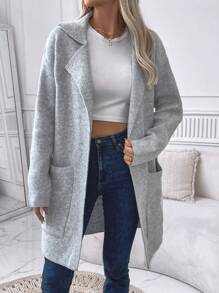 SHEIN LUNE Áo len cardigan dài tay màu trơn thường ngày có túi - Xám - Xem 3