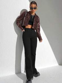 Muchica 女式纯色春/秋实用口袋长袖 PU 皮革短夹克 - 棕色 - 查看 4