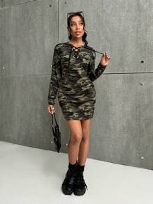 SHEIN Essnce 女式春夏长袖孔眼系带口袋修身迷你连衣裙 - 彩色 - 查看 8