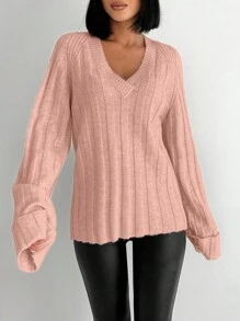 SHEIN Cottnline 女士纯色 V 领休闲长袖套头毛衣 - 淺粉色 - 查看 4