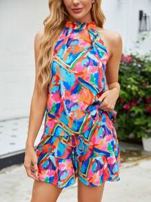 2 pièces/set Top de réservoir et short assortis pour femmes avec bloc de couleur au col ras-du-cou