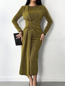 Chiquease 优雅迷人皱褶长袖连衣裙 - 金色 - 查看 6