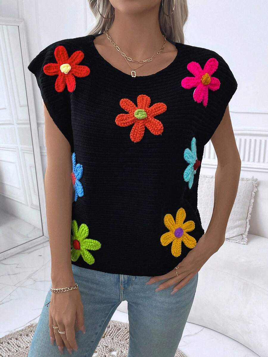 SHEIN LUNE Pull sans manches à col en V ample avec motif floral pour femme, pour l'automne et l'hiver - Noir - Voir 1