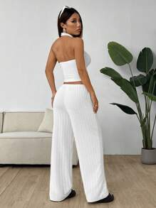 SHEIN EZwear 女式白色针织挂脖式褶皱后背短款上衣和松紧腰裤休闲两件套 - 白色 - 查看 2