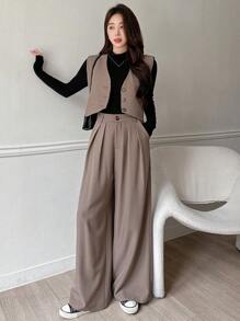 DAZY 2 piezas Conjunto casual de mujer con chaleco de cuello en V sólido de un solo botonadura y pantalones de pierna ancha, ropa de otoño, ropa de vuelta al colegio