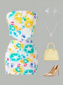 青少年女孩时尚彩色涂鸦印花短款上衣和松紧腰裙套装