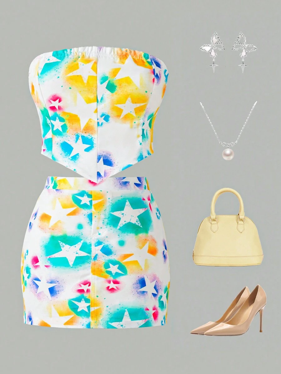 青少年女孩时尚彩色涂鸦印花短款上衣和松紧腰裙套装