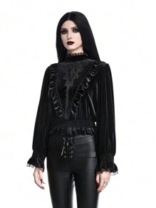 ROMWE Gothic Vampire Palace Style Embroidered Puff Sleeve Velvet Blouse For Women - Black - View 4