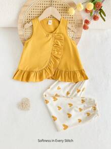 Cozy Pixies 2pcs Girl Sets - Solid Round Neck Ruffle Sleeveless Top And Polka Dot Pants - Brown - View 11