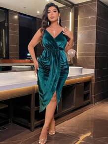 大码纯色褶皱交叉裹身连衣裙 - 墨綠色 - 查看 1