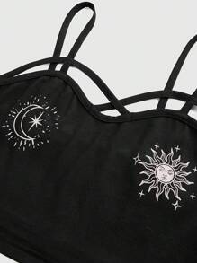 ROMWE 2pcs/Set Plus Size Women Gothic Floral Print Strap Tank Top And Elastic Waist Midi Skirt, Boho Style - Black - View 7