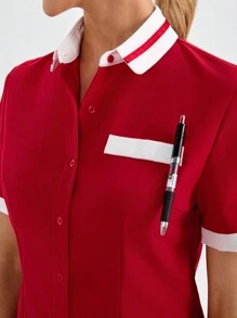 TaskEZ Uniforme de trabajo con botones delanteros de manga corta y bloques de color para mujeres