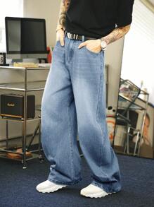Manfinity Denimwave Quần jeans ống rộng dáng suông màu xanh nhạt bạc màu, phong cách đường phố Y2K dành cho nam giới. - Rửa nhẹ - Xem 3