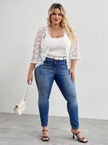 SHEIN CURVE+ 大码白色蕾丝夹克外套 - 白色 - 查看 3