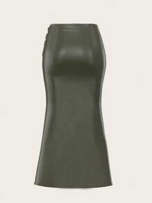SHEIN Privé Women's Elegant Olive Green PU Fishtail Long Skirt,Autumn Pleated Tight Skirt For Office,Business Casual Fashion Commuting Versatile Fall Clothing - Green - View 10