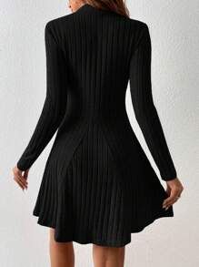 SHEIN Essnce 女式纯色立领罗纹休闲长袖连衣裙，春夏 - 黑色 - 查看 2