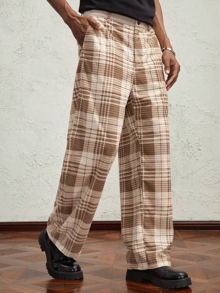Men's Brown Plaid Pattern Relaxed Fit Casual Long Pants, Suitable For Daily Wear, Made Of Corduroy Material