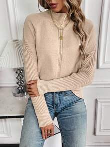 Chiquease Plain Stand Collar Long Sleeve Pullover Sweater, Knit Pullover Fall Winter - Khaki - View 5