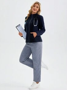 TaskEZ Plain Zipper Front Long Sleeve Pocket Uniform Scrub Jacket - Navy Blue - View 3