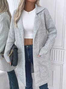 SHEIN LUNE Áo len cardigan dài tay màu trơn thường ngày có túi - Xám - Xem 1