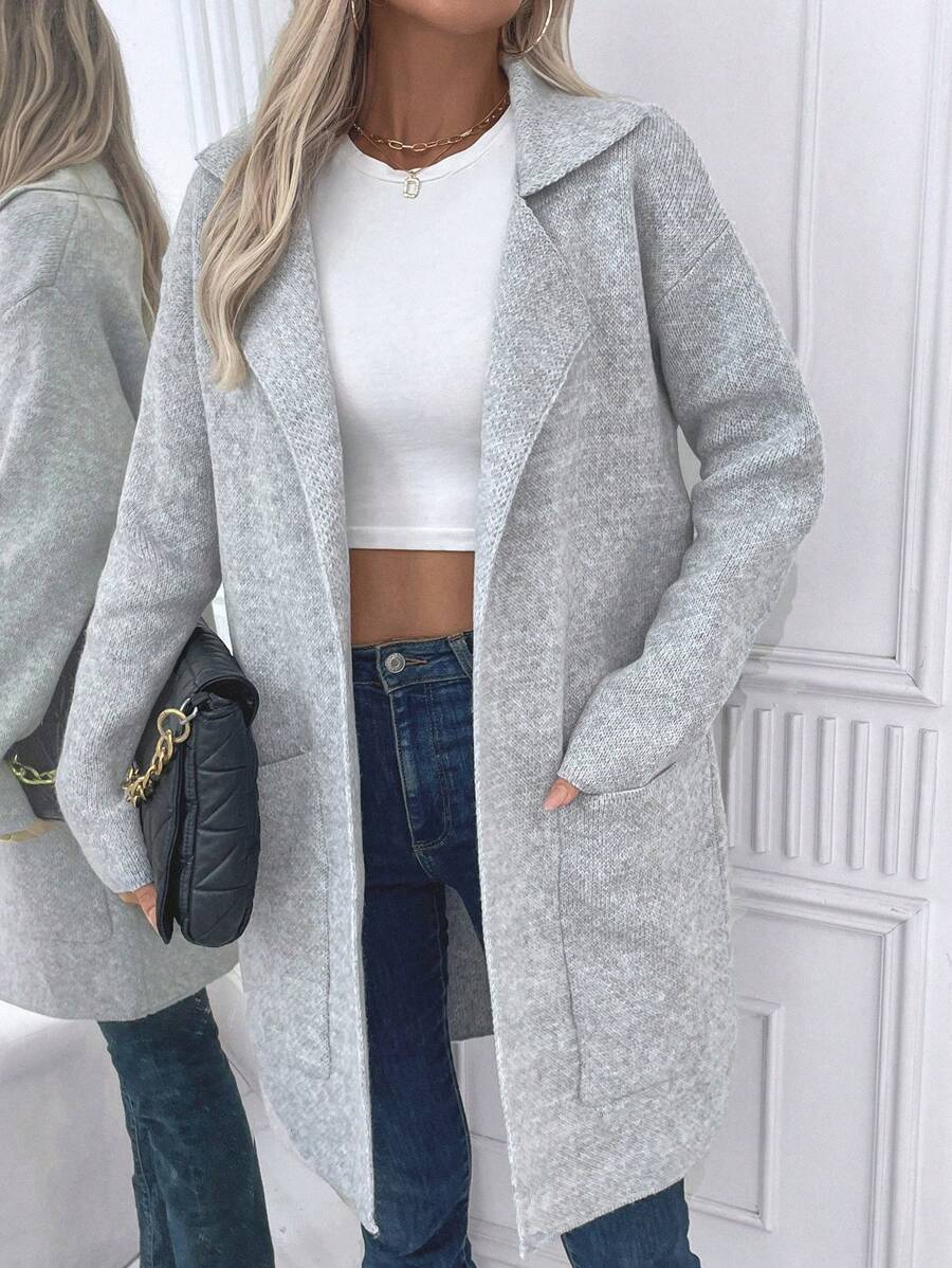 SHEIN LUNE Áo len cardigan dài tay màu trơn thường ngày có túi - Xám - Xem 1