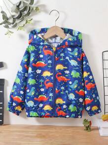 SHEIN Young Girl Casual Hooded Dinosaur Printed Jacket, Spring Autumn - Royal Blue - View 1