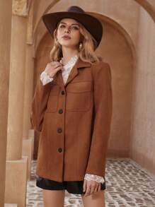 SHEIN Privé Versatile Fashionable Retro OL Commute Suede Chest Pocket Design Long Sleeve Blazer Jacket
