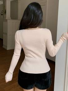 DAZY Áo len dài tay ôm sát màu sắc cho nữ, Áo dài tay, Quần áo mùa thu cho nữ - Đen và trắng - Xem 3