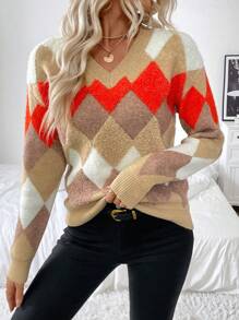 SHEIN LUNE 女士撞色菱形图案长袖针织衫，秋冬季 - 彩色 - 查看 5
