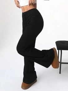 SHEIN EZwear Women's Solid Color Thermal Lined Warm Pants - Black - View 4