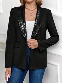 EMERY ROSE Women Sequin Patchwork Lapel Blazer Jacket - Black - View 2