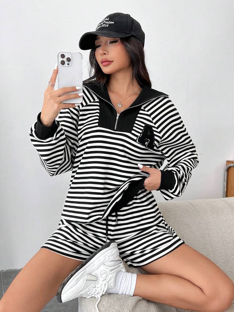 SHEIN EZwear 2 件女式条纹长袖运动衫和短裤套装 - 黑與白 - 查看 5