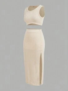 Forever 21 纯色无袖短款上衣和高开叉裙子度假套装 - 杏色 - 查看 6