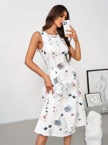 SHEIN Clasi Women Floral Print A-Line Sleeveless White Women Dresses - Multicolor - View 5