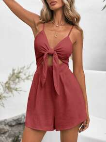 SHEIN VCAY 女式纯色亚麻休闲镂空中腰连体衣 - 酒紅色 - 查看 4