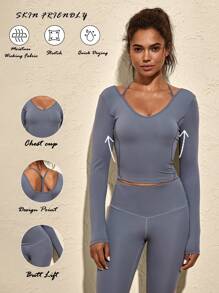 VARSITIE 纯色长袖修身无缝女式运动 T 恤，蓝色上衣