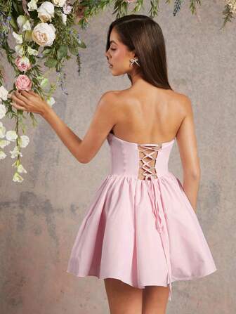 L'Amorae 系带后背薄纱欧根纱分层紧身胸衣连衣裙