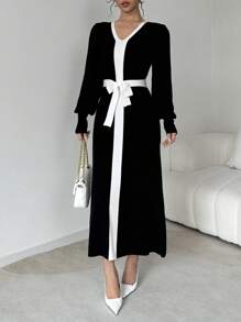Elenzga Váy len dài tay thanh lịch cổ chữ V phối màu - màu đen - Xem 6