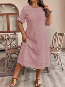 EMERY ROSE Plus Size Eyelet Embroidered Woven Patchwork Round Neck Long Sleeve Dress Women Outfit, For Summer - Dusty Pink - View 4