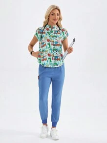 TaskEZ 卡通恐龙印花磨砂上衣，带口袋和裤子，制服套装 - 彩色 - 查看 1