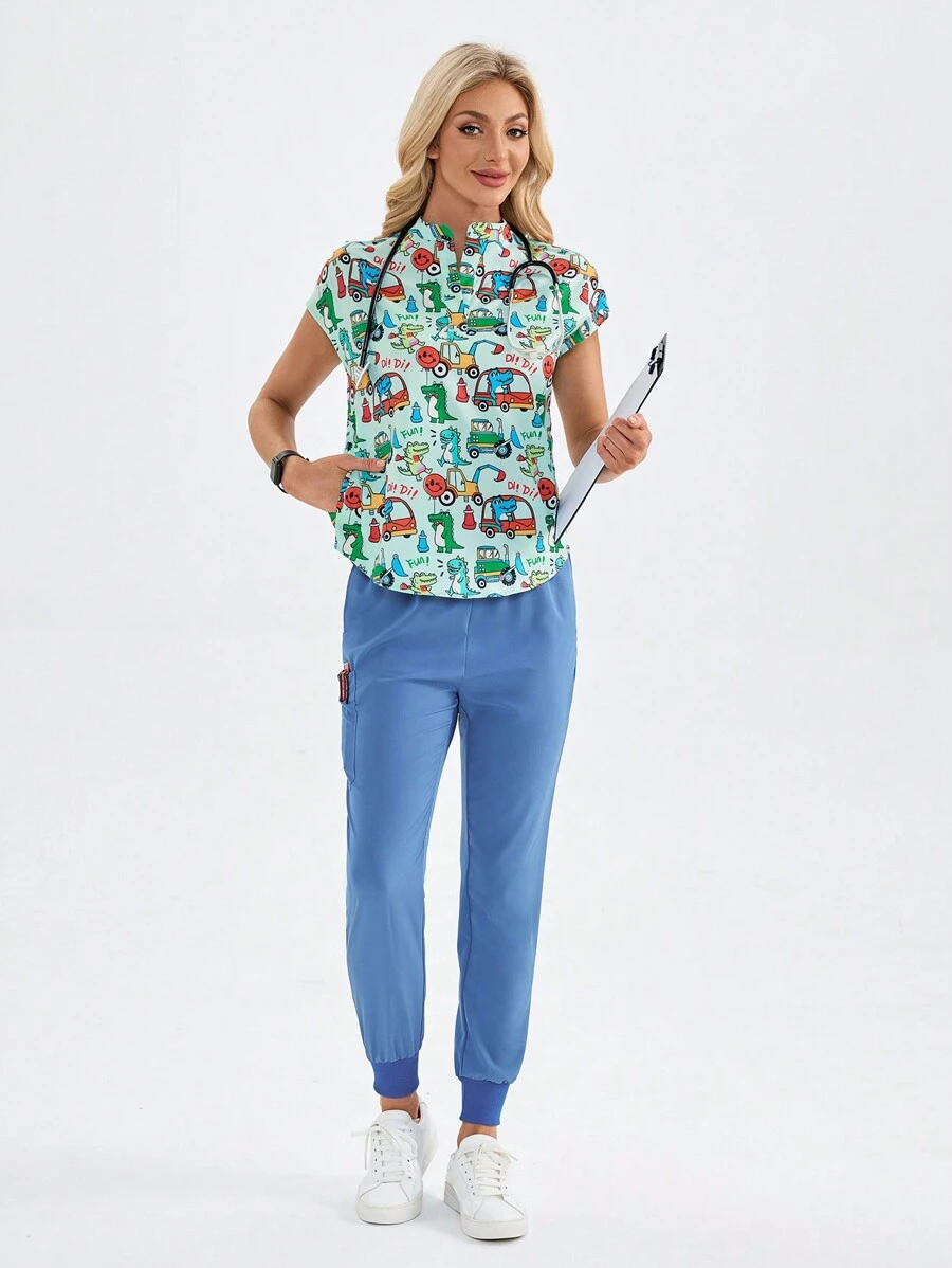 TaskEZ 卡通恐龙印花磨砂上衣，带口袋和裤子，制服套装 - 彩色 - 查看 1