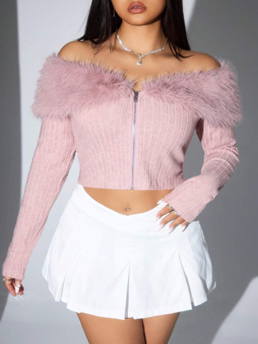 SHEIN ICON Plus Áo khoác hở vai viền lông ngắn màu hồng, cho mùa đông - Hồng - Xem 1