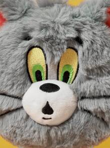 TOM & JERRY X SHEIN Cartoon Cat Embroidered Plush Super Soft Hanging Pouch - Grey - View 5