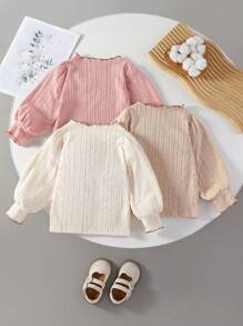 3-Piece Baby Girl Autumn/Winter Morandi Color Elegant Jacquard Knit Crew Neck Sweater Set, Adorned With Bow Decor, Suitable For Casual Outdoor, Home, And Party Occasions - Multicolor - View 2