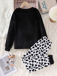 Tween Girl Cow Print Pajamas Set - Includes Cow Pattern Long Sleeve Top And Cow Pattern Long Pants - Pink - View 2