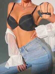 Black Contrast Lace Push Up Bra For Women With Slight Stretch Fabric - Black - View 3