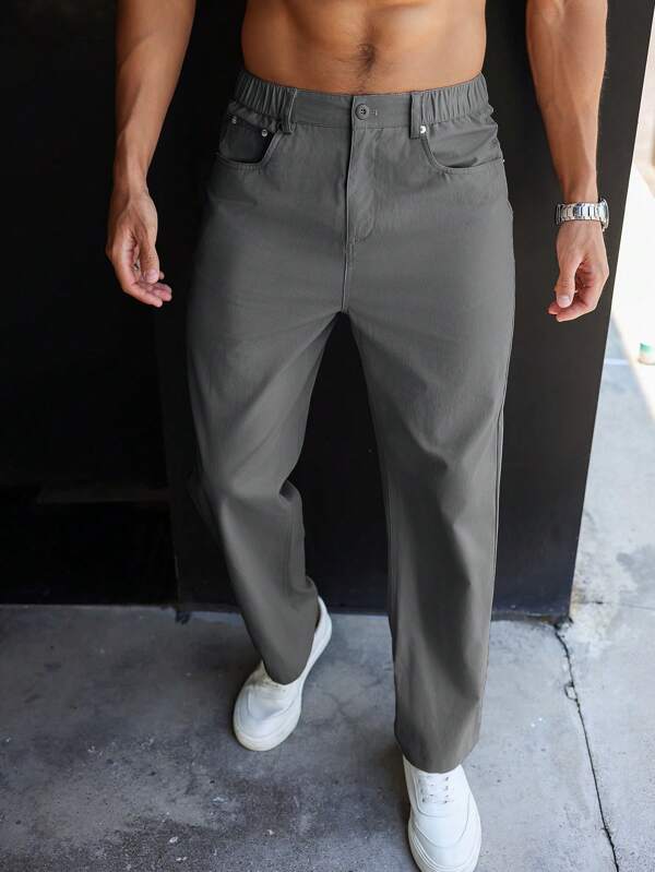 Manfinity Homme Solid Color Zipper Pocket Casual Straight Leg Pants